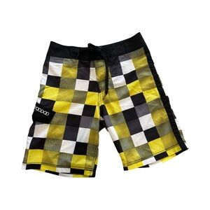 VooDoo Swim Trunks Board Shorts Mens 30 Black Yellow Checked Beach Vacation Pool